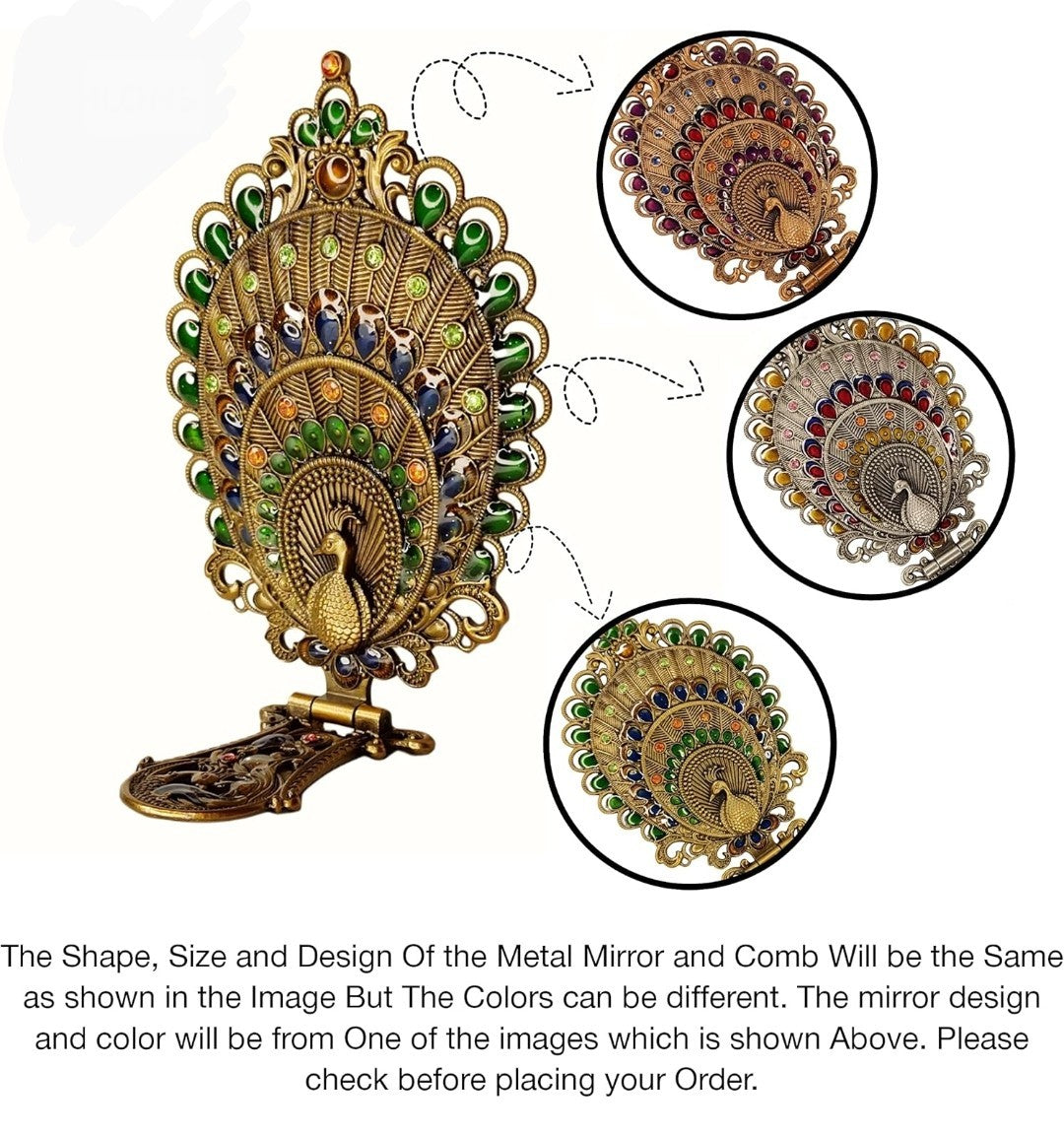 Regal Peacock Metal Mirror & Comb Set – Handcrafted Oval Tabletop Vanity in Multicolour Frame