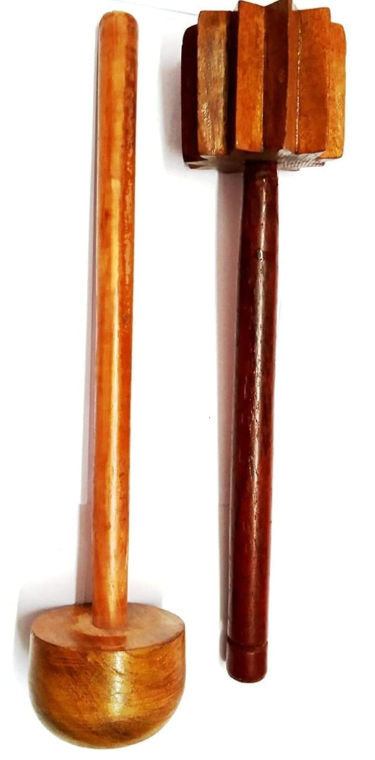 Traditional Wooden Hand Masher Combo – Ghotna (ਘੋਟਣਾ) – Handcrafted Wooden Whisk Set of 2