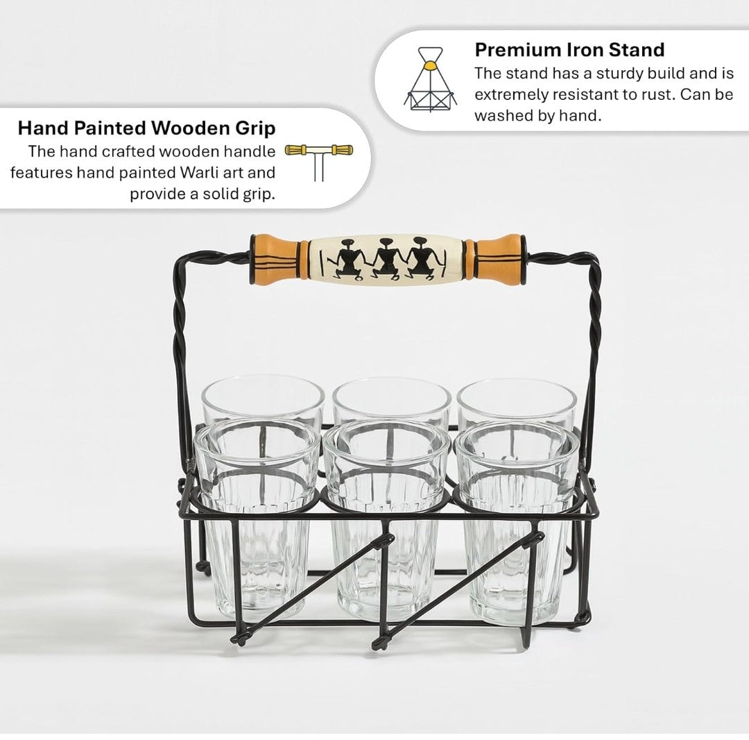 Pind Wali Chaa – Cutting Chai Glasses with Stand | Tea Glass Set of 6 + 1 Extra | Dhaba Style Wrought Iron Carrier (120 ml)
