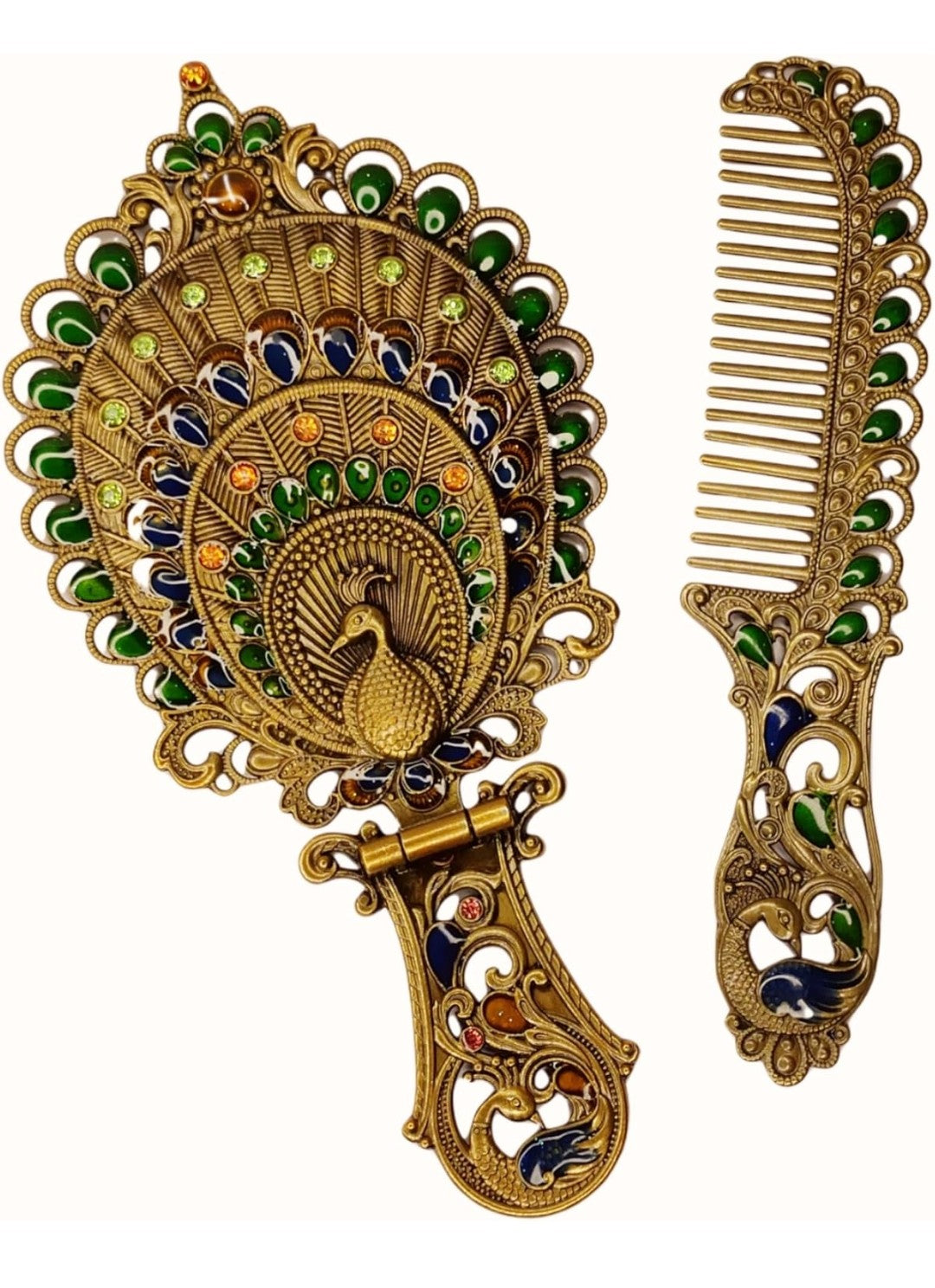 Regal Peacock Metal Mirror & Comb Set – Handcrafted Oval Tabletop Vanity in Multicolour Frame