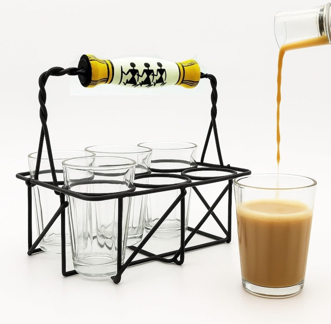 Pind Wali Chaa – Cutting Chai Glasses with Stand | Tea Glass Set of 6 + 1 Extra | Dhaba Style Wrought Iron Carrier (120 ml)