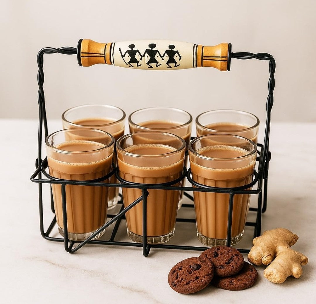 Pind Wali Chaa – Cutting Chai Glasses with Stand | Tea Glass Set of 6 + 1 Extra | Dhaba Style Wrought Iron Carrier (120 ml)