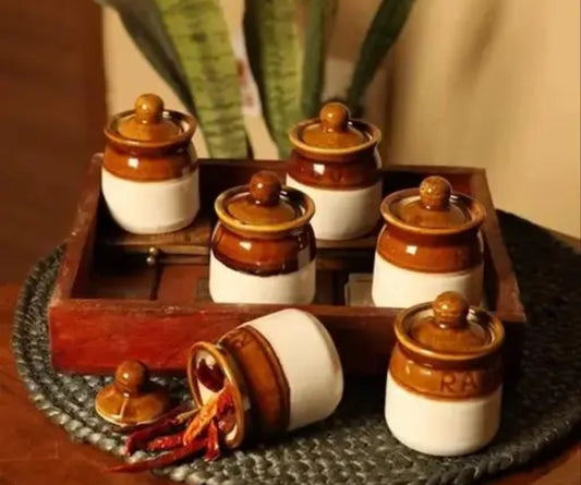 “Pind Vali Pantry” – Hand-Painted Martban Jar Set with Wooden Tray (6 x 200 ml)