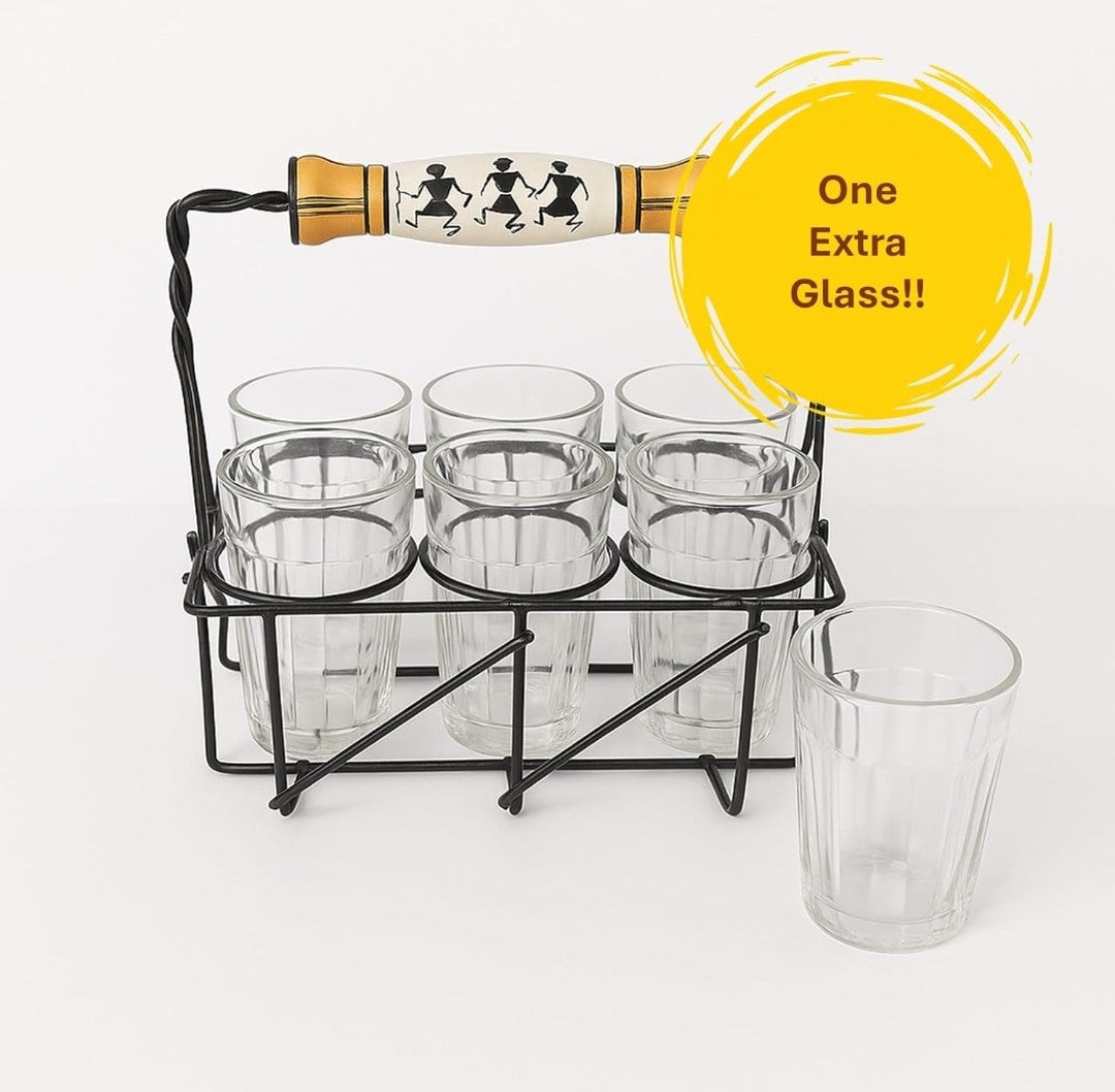 Pind Wali Chaa – Cutting Chai Glasses with Stand | Tea Glass Set of 6 + 1 Extra | Dhaba Style Wrought Iron Carrier (120 ml)