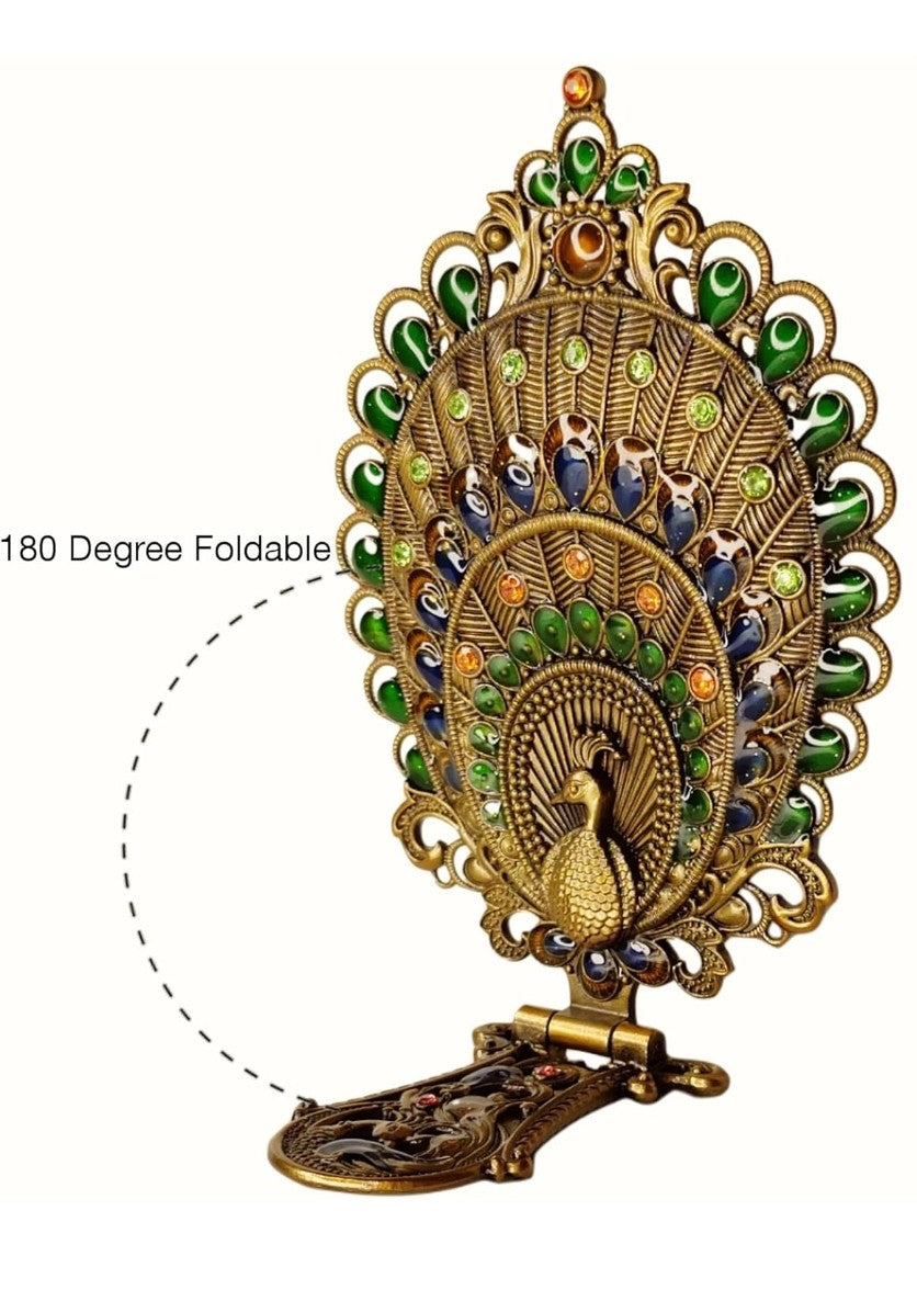 Regal Peacock Metal Mirror & Comb Set – Handcrafted Oval Tabletop Vanity in Multicolour Frame
