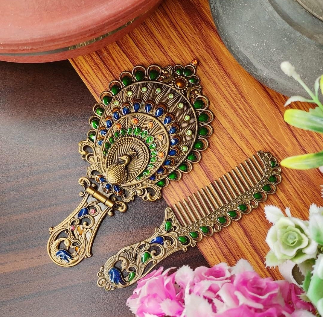 Regal Peacock Metal Mirror & Comb Set – Handcrafted Oval Tabletop Vanity in Multicolour Frame