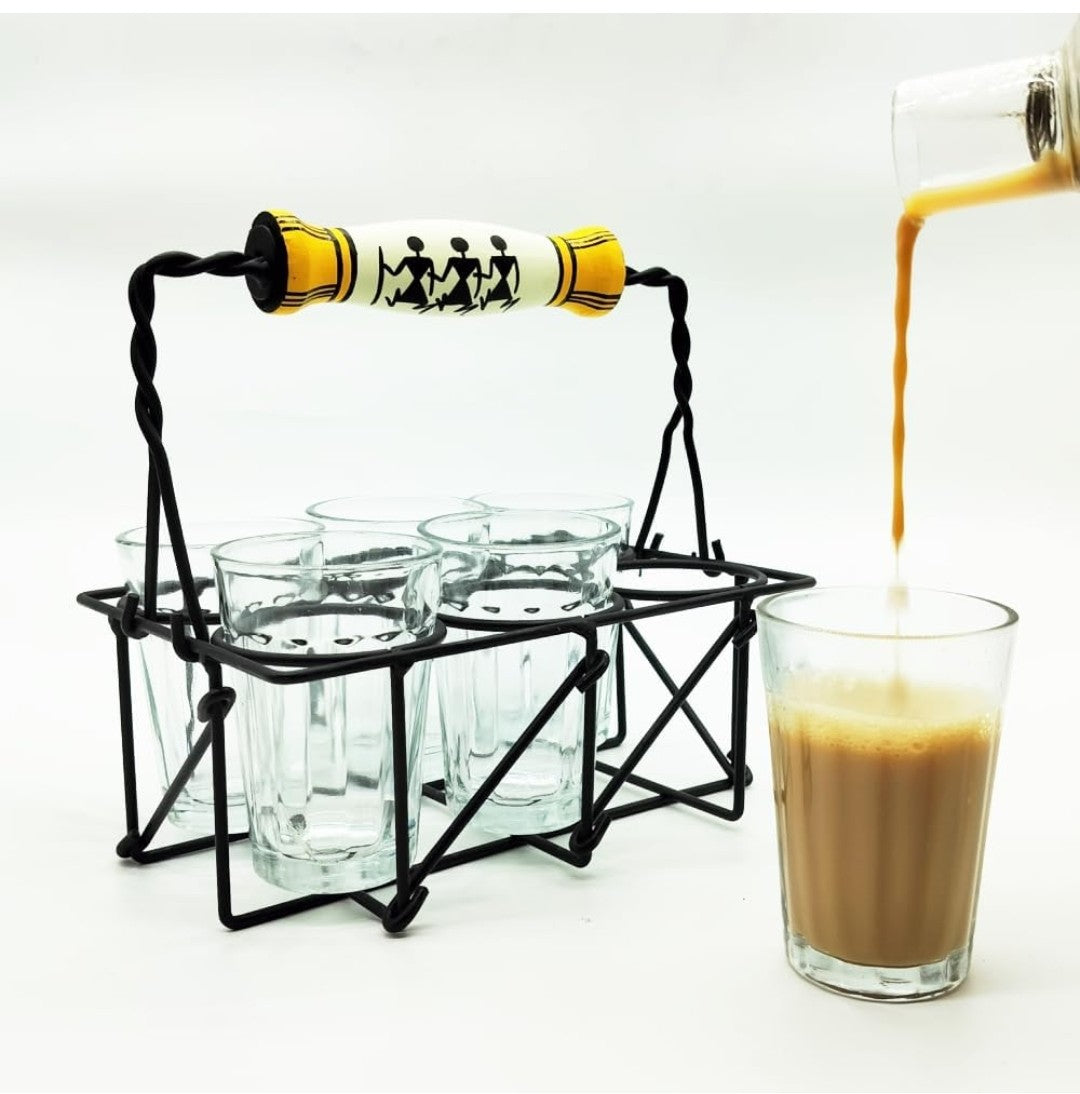 Pind Wali Chaa – Cutting Chai Glasses with Stand | Tea Glass Set of 6 + 1 Extra | Dhaba Style Wrought Iron Carrier (120 ml)