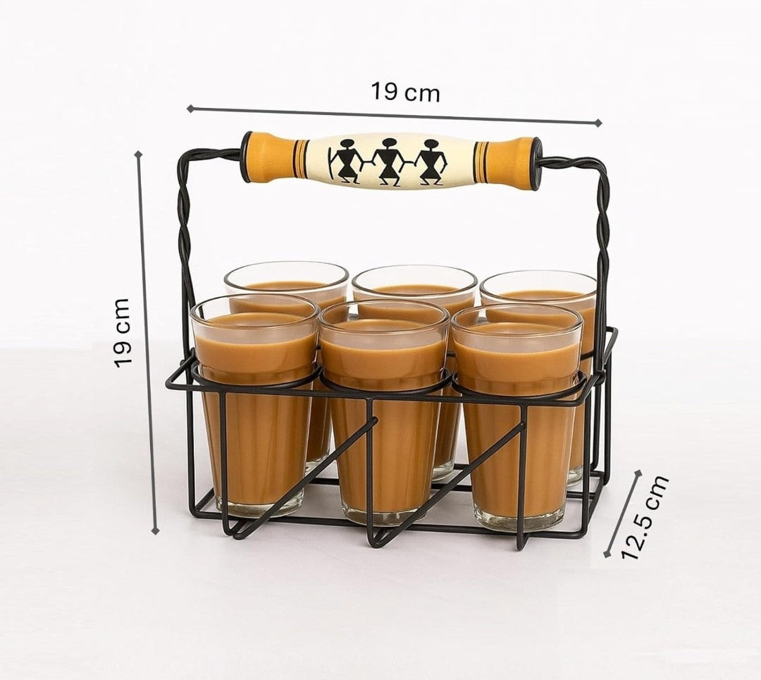Pind Wali Chaa – Cutting Chai Glasses with Stand | Tea Glass Set of 6 + 1 Extra | Dhaba Style Wrought Iron Carrier (120 ml)